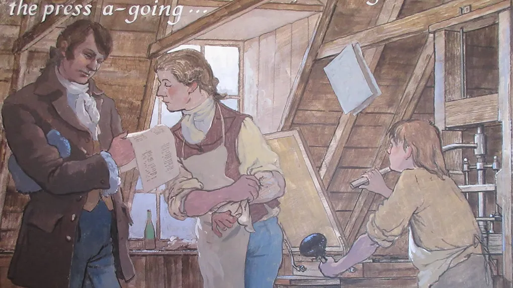An illustration of Robert Burns looking at a sheet of paper from a printing press with two printers next to him