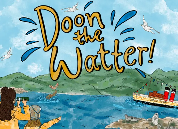 Doon the Watter, two girls on a hill overlooking a boat and rocks with seals on them