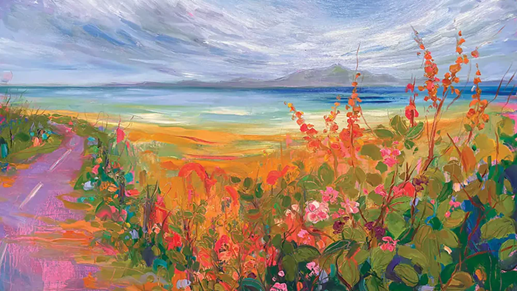 A landscape painting by Gillian Park showing a road, flowers and a distant mountain on an island across a body of water
