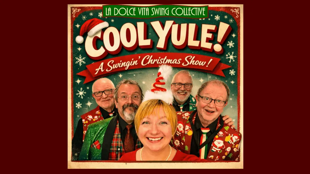 Cool Yule! A Swingin' Christmas Show! Showing Christmas jazz imagery and five musicians