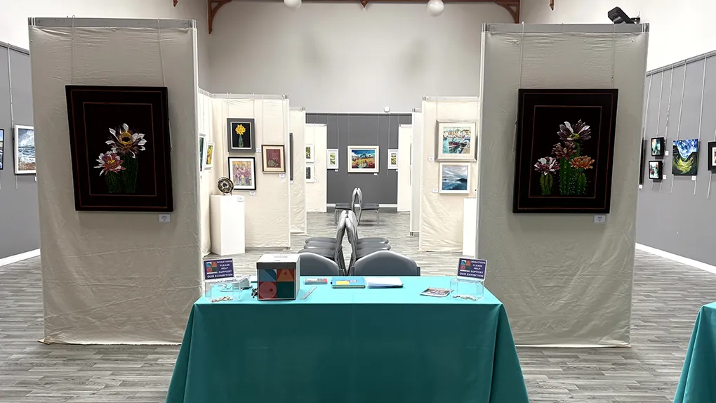 Art displays in the hall at the North Ayrshire Open Art Exhibit