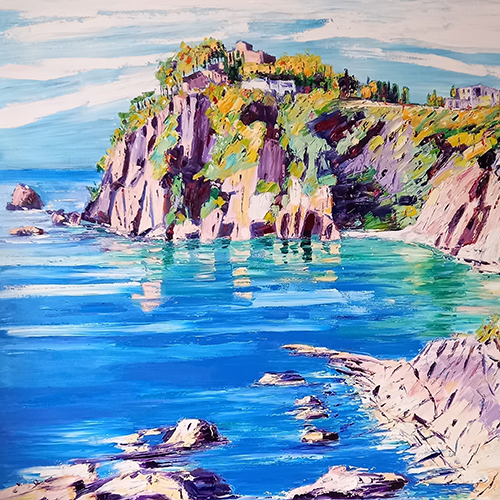 Landscape showing rocky cliff over a bay with buildings at the summit.