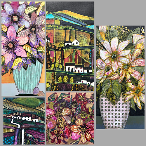 Painted flowers in three panels, with patchwork style landscapes in a further two panels. 
